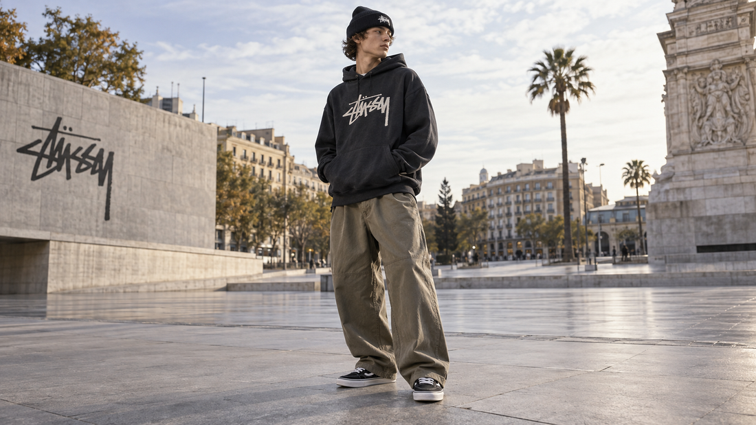 Stussy Clothing editorial image: How to Style Baggy Trousers with Stussy Hoodies