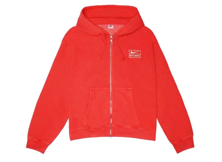 Nike x Stussy Full-Zip Pigment Dyed Fleece Hoodie Habanelo Red